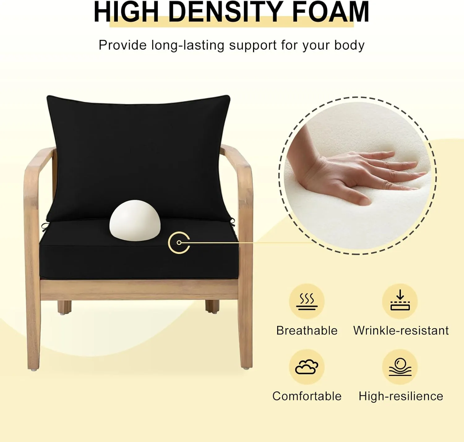 downluxe Waterproof Outdoor Chair Cushions 24x24, Outdoor Cushions for Patio Furniture with Removable Cover, Outdoor Deep Seat Patio Cushion Set with Backrest for Sofa, Couch and Patio Chairs, Black