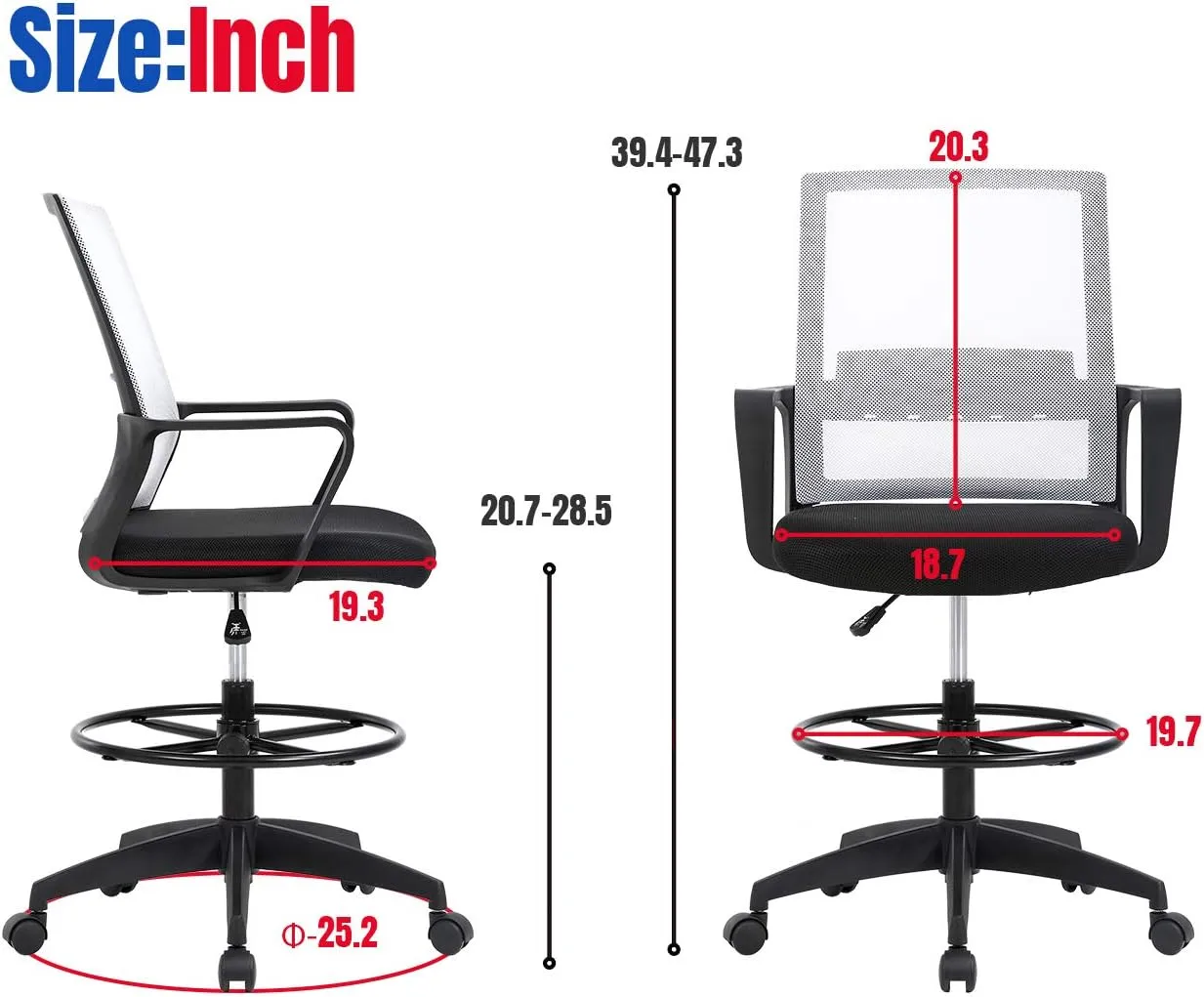 Drafting Chair Tall Office Chair Adjustable Swivel Rolling Mesh Height with Lumbar Support Arms Footrest Mid Back for Adults Standing Desk Drafting Stool (White)