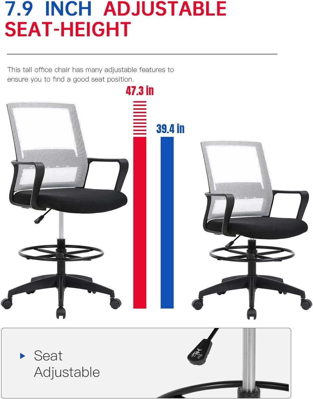 Drafting Chair Tall Office Chair Adjustable Swivel Rolling Mesh Height with Lumbar Support Arms Footrest Mid Back for Adults Standing Desk Drafting Stool (White)
