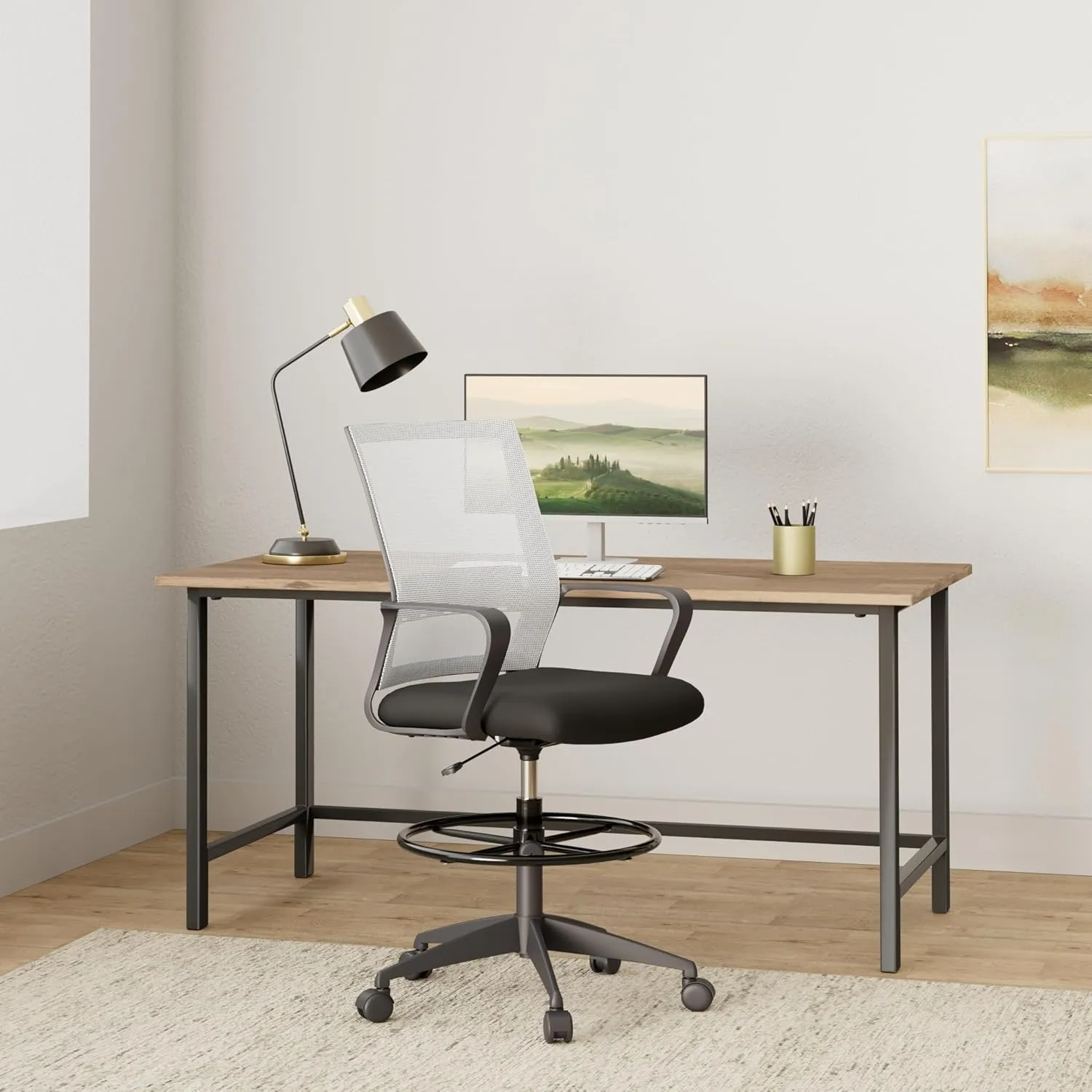 Drafting Chair Tall Office Chair Adjustable Swivel Rolling Mesh Height with Lumbar Support Arms Footrest Mid Back for Adults Standing Desk Drafting Stool (White)