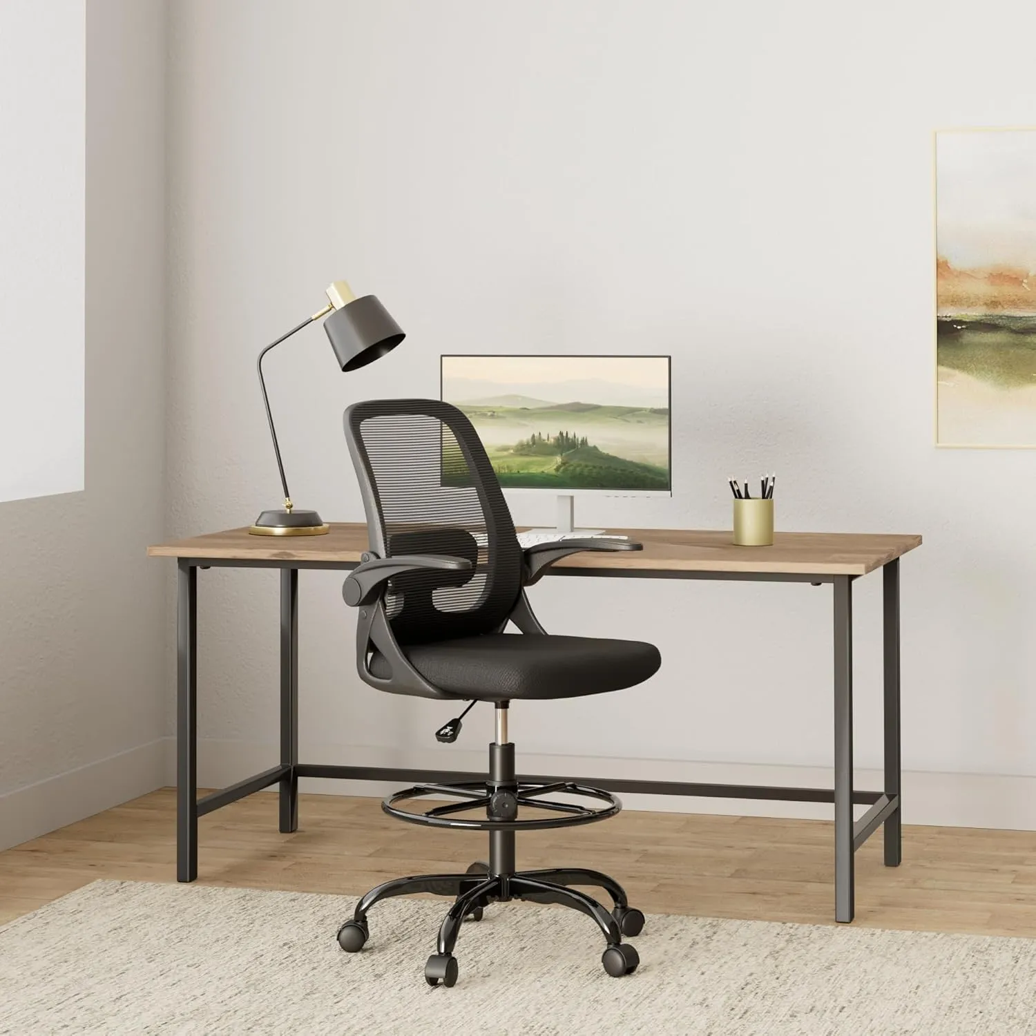 Drafting Chair Tall Office Chair Ergonomic Desk Chairs with Lumbar Support and Flip-up Armrests, Adjustable Height Comfy Computer Chair with Swivel Task and Adjustable Foot Ring(Black)