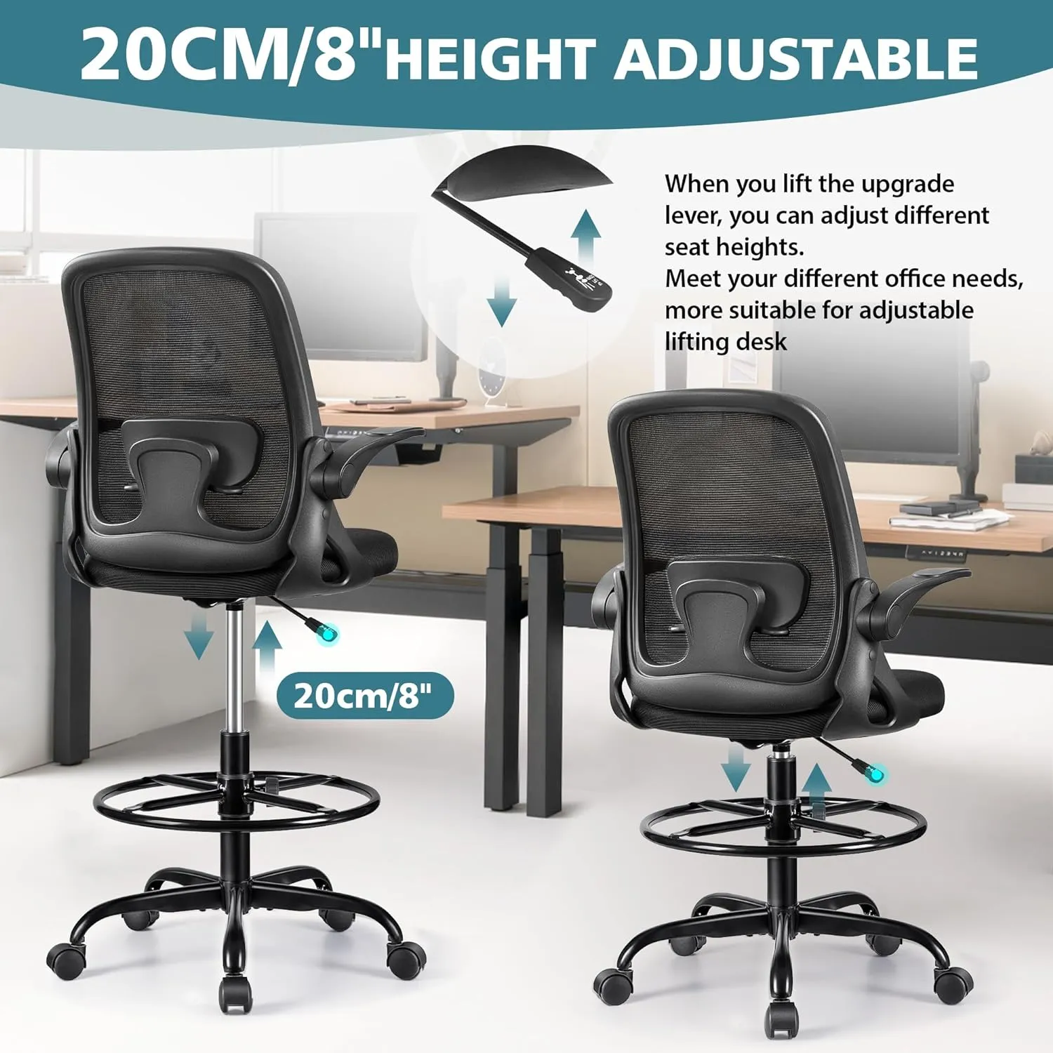 Drafting Chair Tall Office Chair Ergonomic Desk Chairs with Lumbar Support and Flip-up Armrests, Adjustable Height Comfy Computer Chair with Swivel Task and Adjustable Foot Ring(Black)