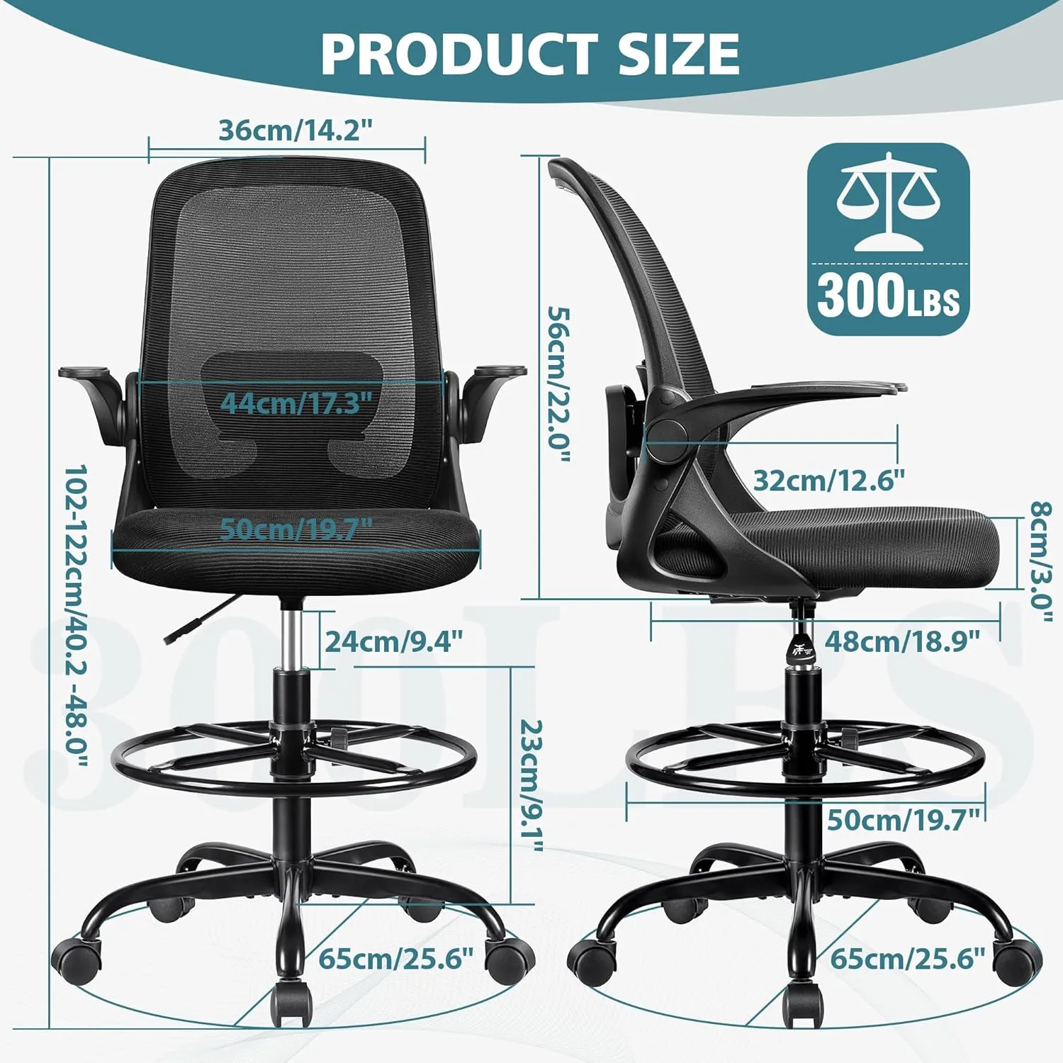 Drafting Chair Tall Office Chair Ergonomic Desk Chairs with Lumbar Support and Flip-up Armrests, Adjustable Height Comfy Computer Chair with Swivel Task and Adjustable Foot Ring(Black)