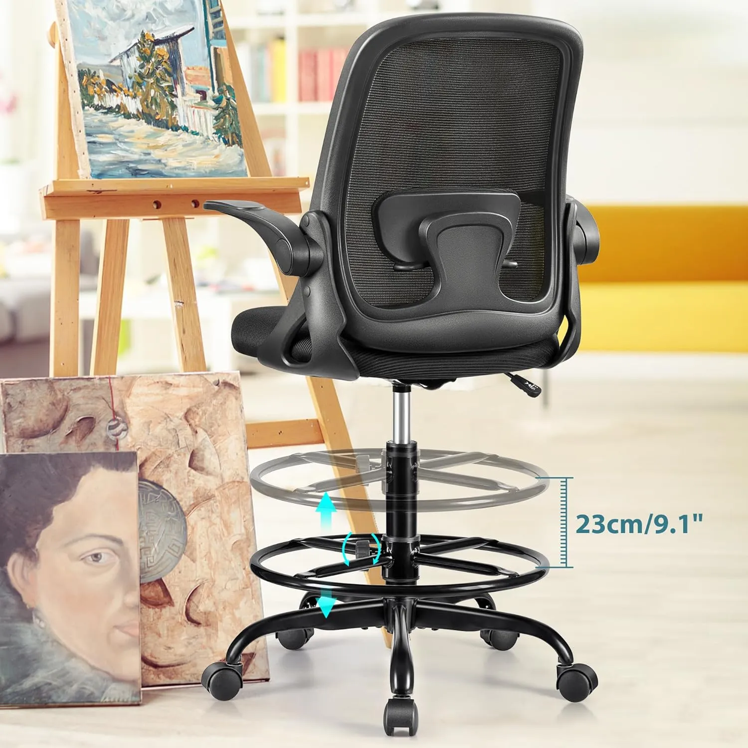 Drafting Chair Tall Office Chair Ergonomic Desk Chairs with Lumbar Support and Flip-up Armrests, Adjustable Height Comfy Computer Chair with Swivel Task and Adjustable Foot Ring(Black)