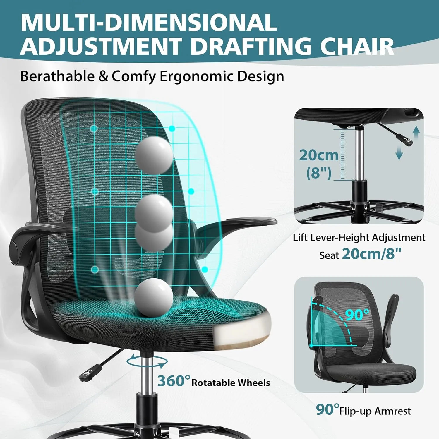 Drafting Chair Tall Office Chair Ergonomic Desk Chairs with Lumbar Support and Flip-up Armrests, Adjustable Height Comfy Computer Chair with Swivel Task and Adjustable Foot Ring(Black)