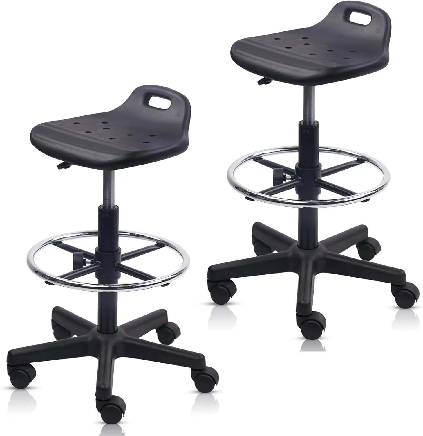 Drafting Rolling Stool Adjustable Height with Foot Rest Breathable Seat Cushion Swivel Stools with Wheels, Multi-Purpose Work Stool for Shop, Task, Salon, Black, 2 Pack