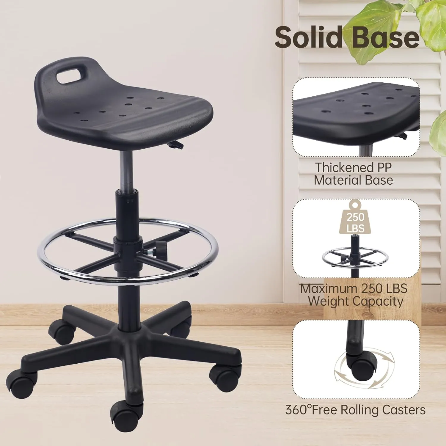 Drafting Rolling Stool Adjustable Height with Foot Rest Breathable Seat Cushion Swivel Stools with Wheels, Multi-Purpose Work Stool for Shop, Task, Salon, Black, 2 Pack