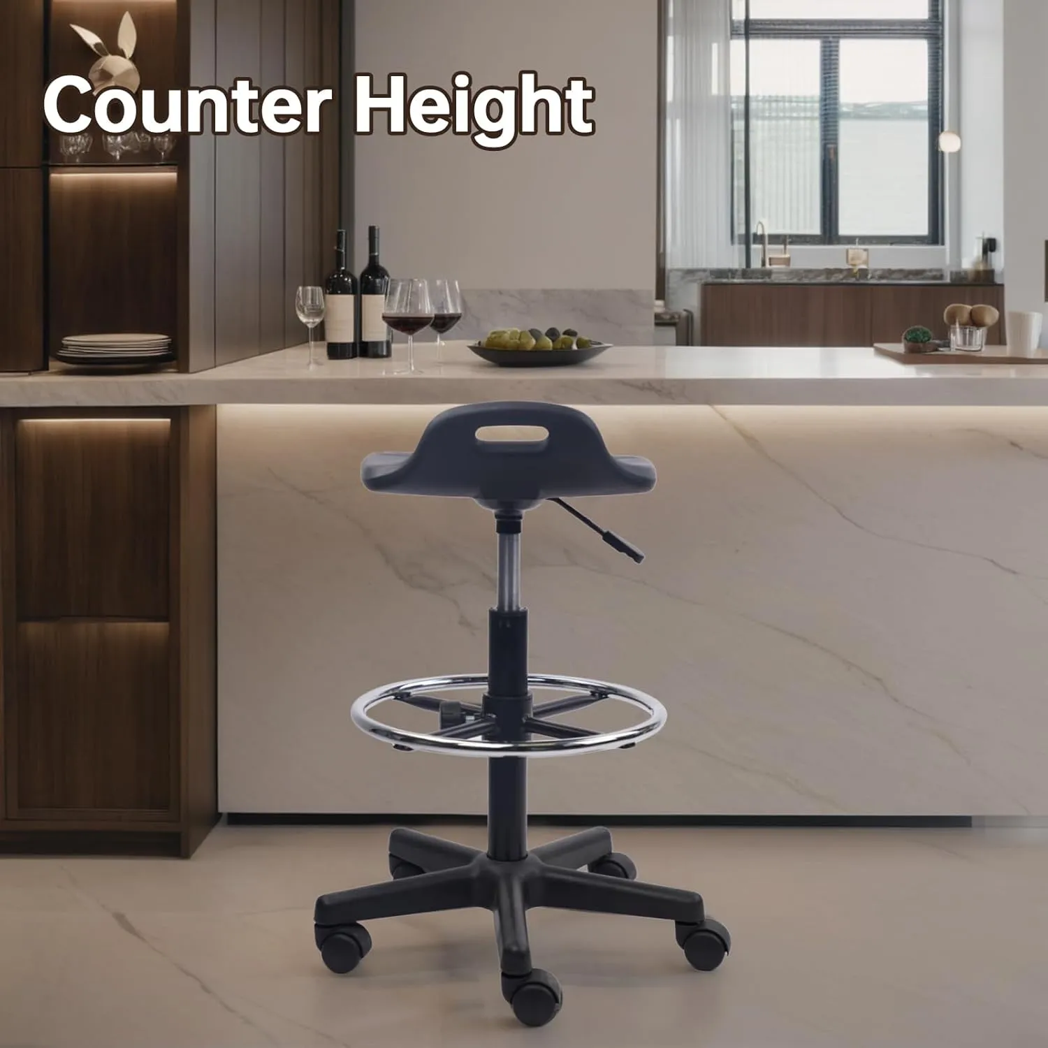 Drafting Rolling Stool Adjustable Height with Foot Rest Breathable Seat Cushion Swivel Stools with Wheels, Multi-Purpose Work Stool for Shop, Task, Salon, Black, 2 Pack