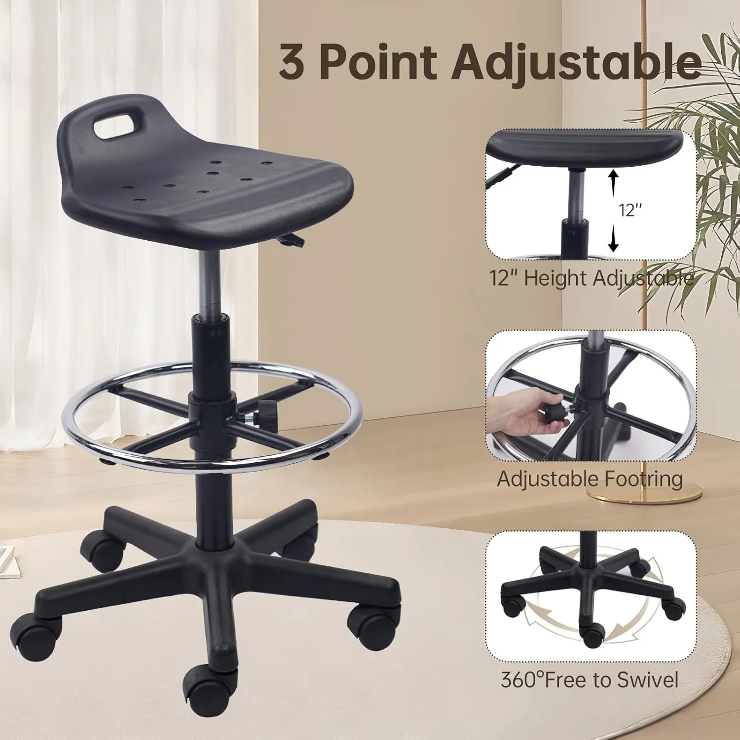Drafting Rolling Stool Adjustable Height with Foot Rest Breathable Seat Cushion Swivel Stools with Wheels, Multi-Purpose Work Stool for Shop, Task, Salon, Black, 2 Pack