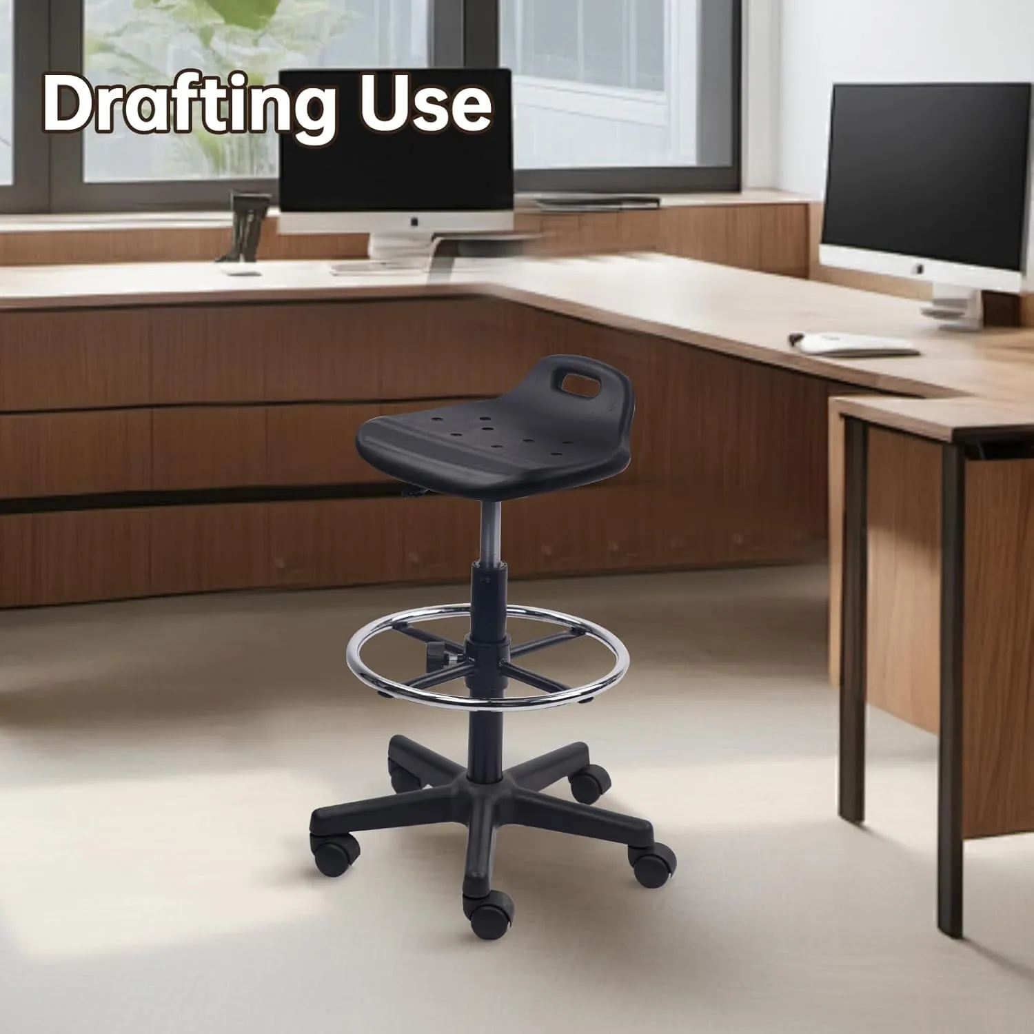 Drafting Rolling Stool Adjustable Height with Foot Rest Breathable Seat Cushion Swivel Stools with Wheels, Multi-Purpose Work Stool for Shop, Task, Salon, Black, 2 Pack