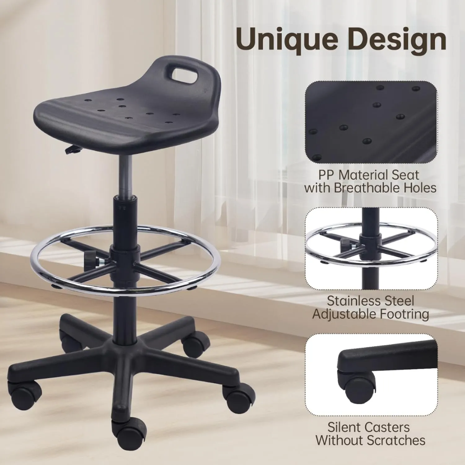 Drafting Rolling Stool Adjustable Height with Foot Rest Breathable Seat Cushion Swivel Stools with Wheels, Multi-Purpose Work Stool for Shop, Task, Salon, Black, 2 Pack