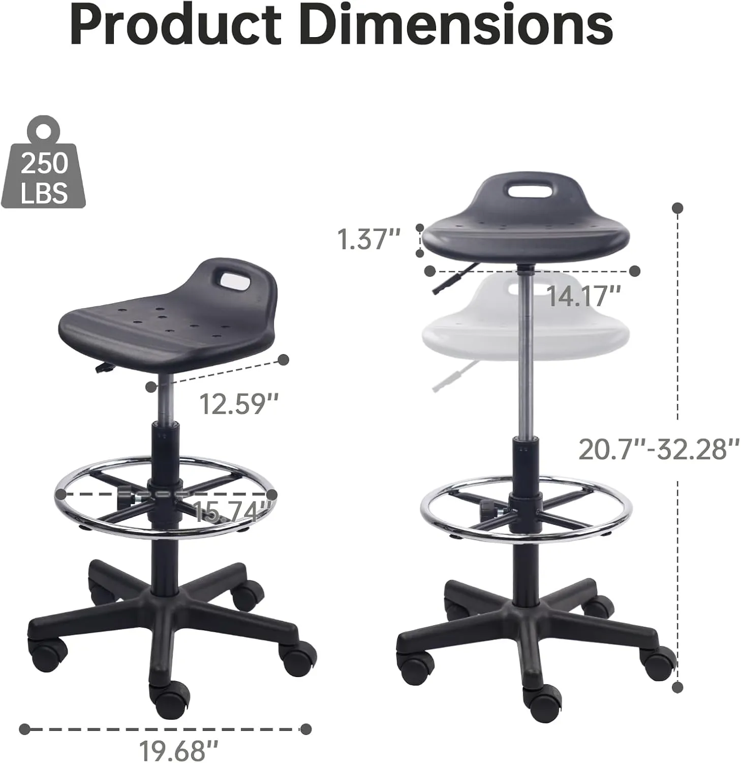 Drafting Rolling Stool Adjustable Height with Foot Rest Breathable Seat Cushion Swivel Stools with Wheels, Multi-Purpose Work Stool for Shop, Task, Salon, Black, 2 Pack
