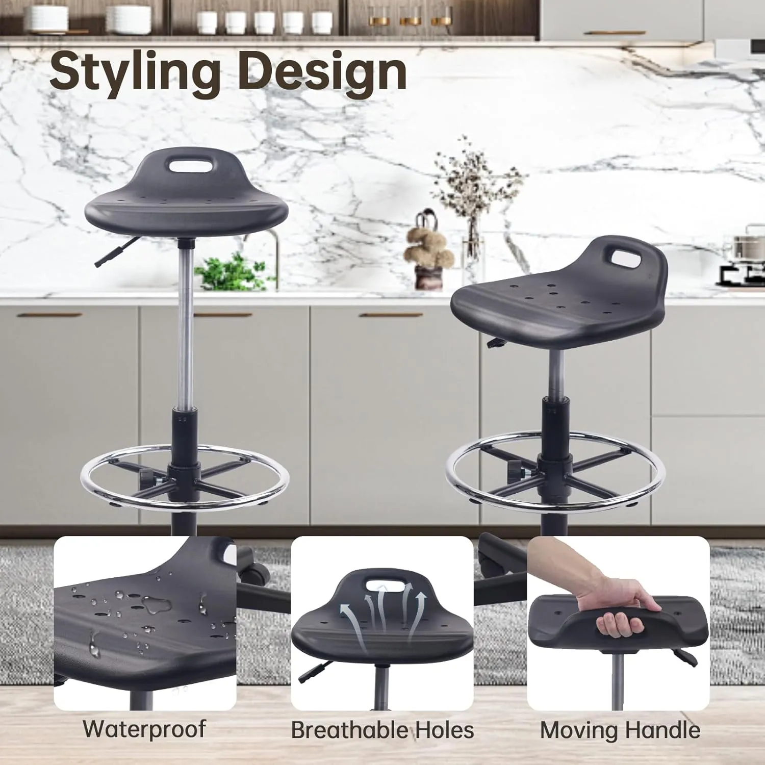 Drafting Rolling Stool Adjustable Height with Foot Rest Breathable Seat Cushion Swivel Stools with Wheels, Multi-Purpose Work Stool for Shop, Task, Salon, Black, 2 Pack