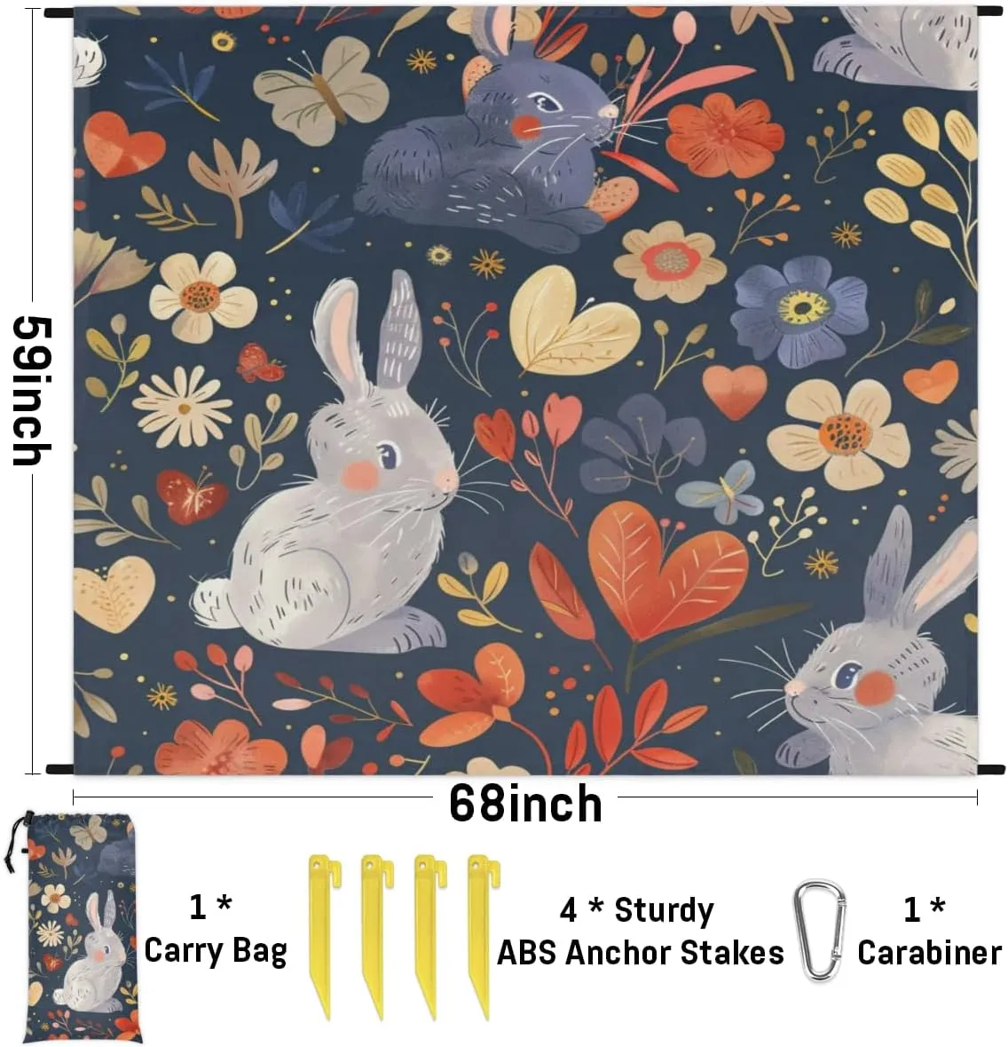 Easter Beach Blanket, Sandproof Beach Mat, Adults Waterproof Quick Drying Sand Free Mat with 4 x Ground Spikes for Outdoor Travel Camping Hiking, Watercolor Rabbit Spring