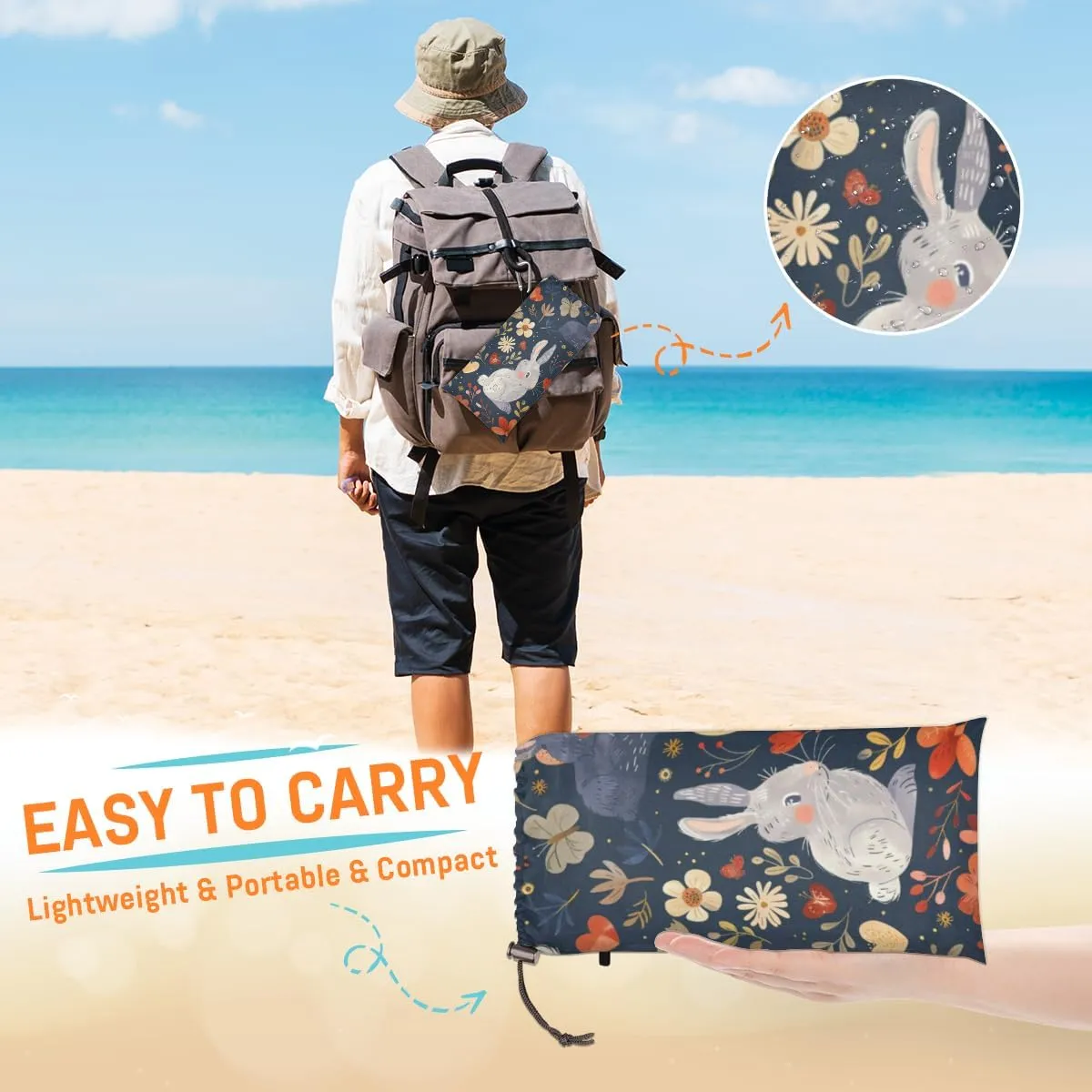 Easter Beach Blanket, Sandproof Beach Mat, Adults Waterproof Quick Drying Sand Free Mat with 4 x Ground Spikes for Outdoor Travel Camping Hiking, Watercolor Rabbit Spring