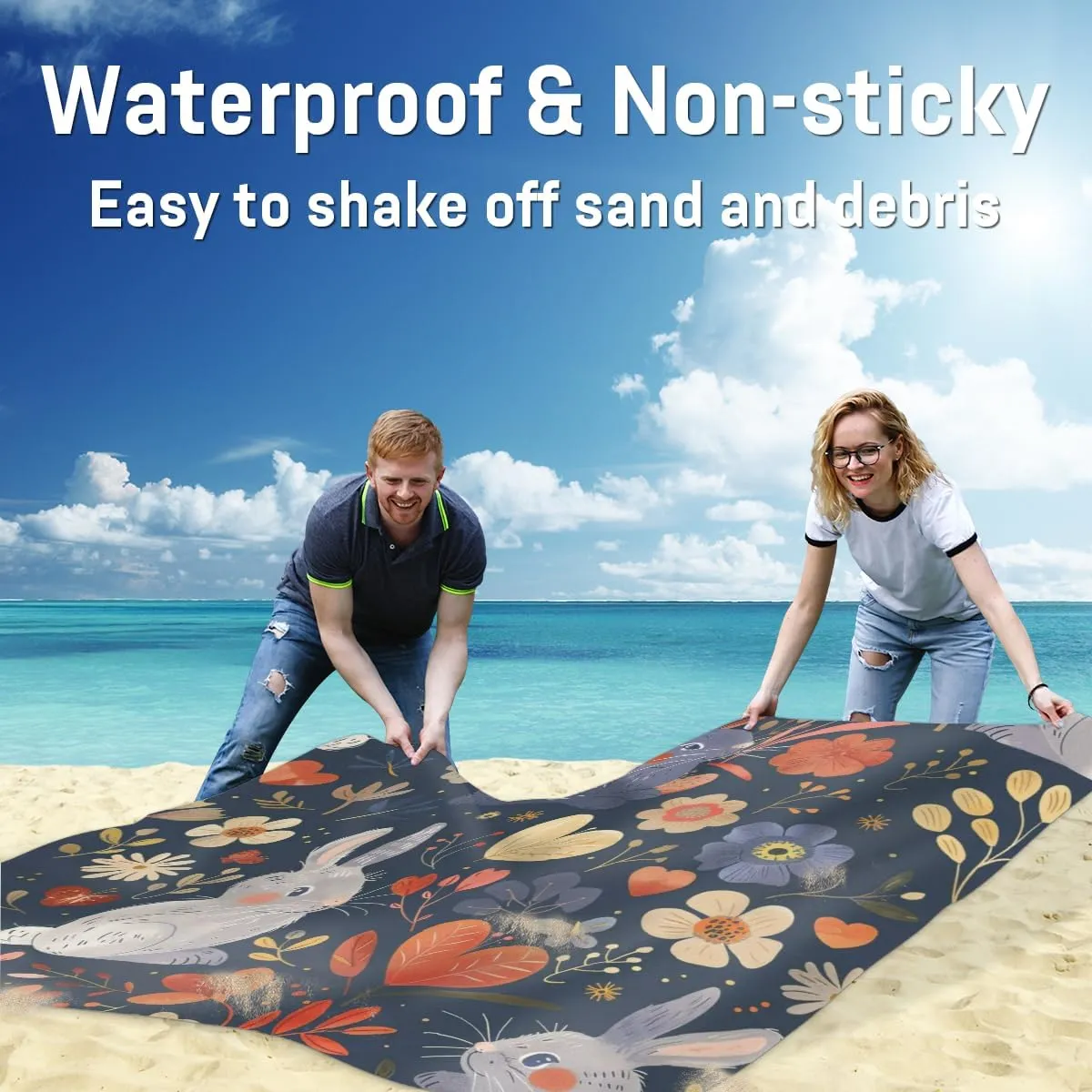 Easter Beach Blanket, Sandproof Beach Mat, Adults Waterproof Quick Drying Sand Free Mat with 4 x Ground Spikes for Outdoor Travel Camping Hiking, Watercolor Rabbit Spring