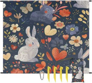 Easter Beach Blanket, Sandproof Beach Mat, Adults Waterproof Quick Drying Sand Free Mat with 4 x Ground Spikes for Outdoor Travel Camping Hiking, Watercolor Rabbit Spring