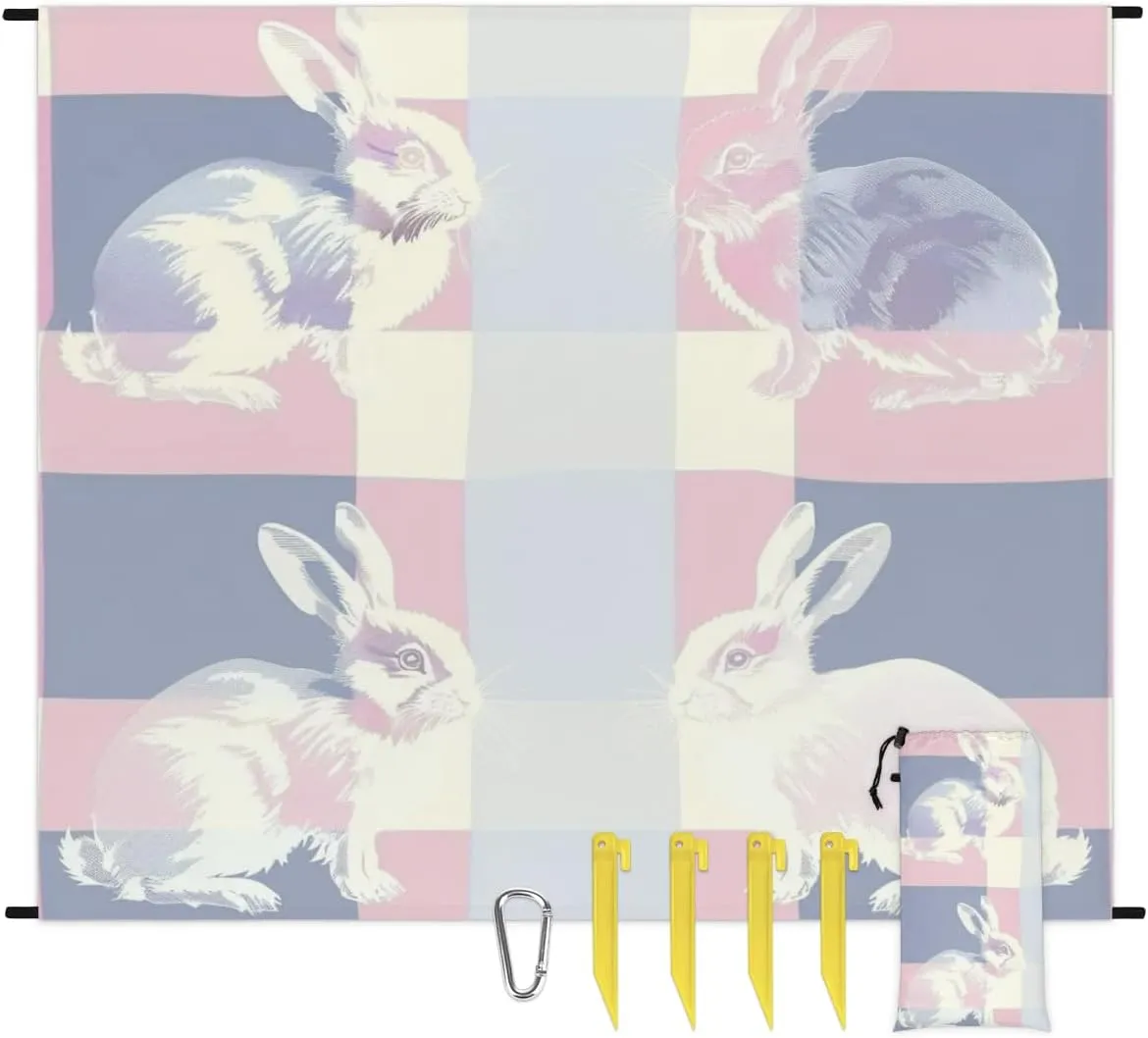 Easter Bunnies Beach Blanket, Sandproof Beach Mat, Adults Waterproof Quick Drying Sand Free Mat with 4 x Ground Spikes for Outdoor Travel Camping Hiking, Buffalo Plaid