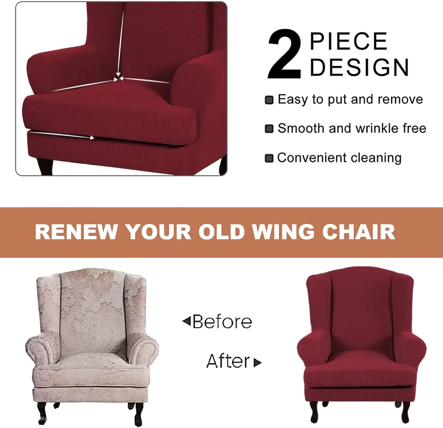 Eco-Ancheng Wingback Chair Slipcover 2 Piece Slipcovers for Wingback Chairs Jacquard Wingback Chair Covers Washable Furniture Protector with Elastic Bottom for Living Room Wingback Chairs
