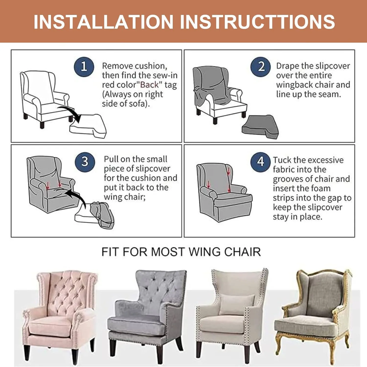 Eco-Ancheng Wingback Chair Slipcover 2 Piece Slipcovers for Wingback Chairs Jacquard Wingback Chair Covers Washable Furniture Protector with Elastic Bottom for Living Room Wingback Chairs