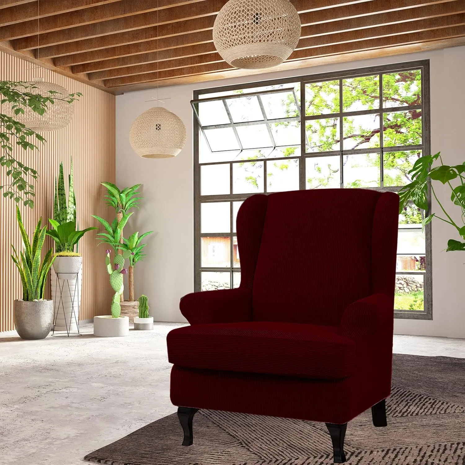 Eco-Ancheng Wingback Chair Slipcover 2 Piece Slipcovers for Wingback Chairs Jacquard Wingback Chair Covers Washable Furniture Protector with Elastic Bottom for Living Room Wingback Chairs