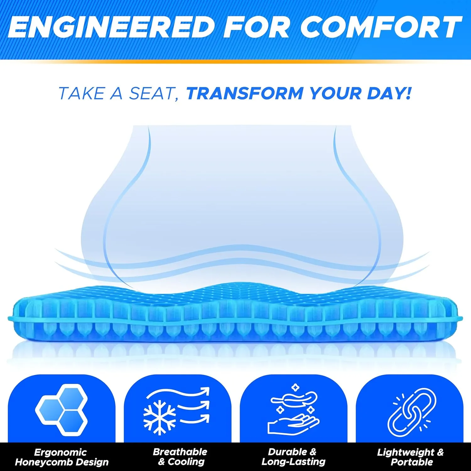 EcoNour Gel Seat Cushion for Long Sitting (Large & Thick) - Pressure Relief Honeycomb Cushion for Back, Sciatica, Coccyx, Hip & Tailbone Pain | Cushion for Office Chair pad, Wheelchair & Car