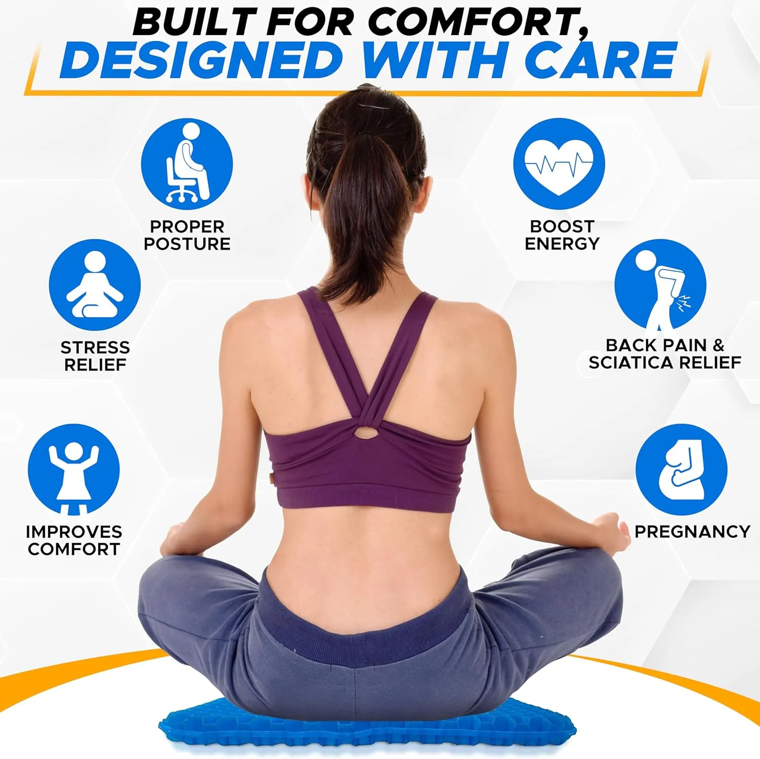 EcoNour Gel Seat Cushion for Long Sitting (Large & Thick) - Pressure Relief Honeycomb Cushion for Back, Sciatica, Coccyx, Hip & Tailbone Pain | Cushion for Office Chair pad, Wheelchair & Car