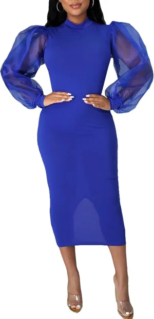Ekaliy Women's See Through Bodycon Dress Sheer Mesh Long Puff Lantern Sleeve Dress Sexy Club Party Midi Dress Clubwear