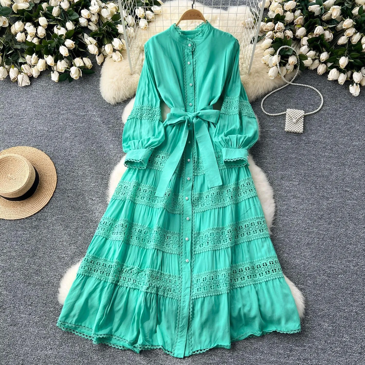 Elegant French Court Retro Dress for Women-Stand Collar Trumpet Sleeves Vintage Waisted Single-Breasted Lace Dress
