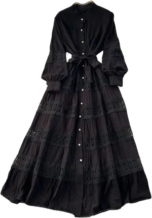 Elegant French Court Retro Dress for Women-Stand Collar Trumpet Sleeves Vintage Waisted Single-Breasted Lace Dress
