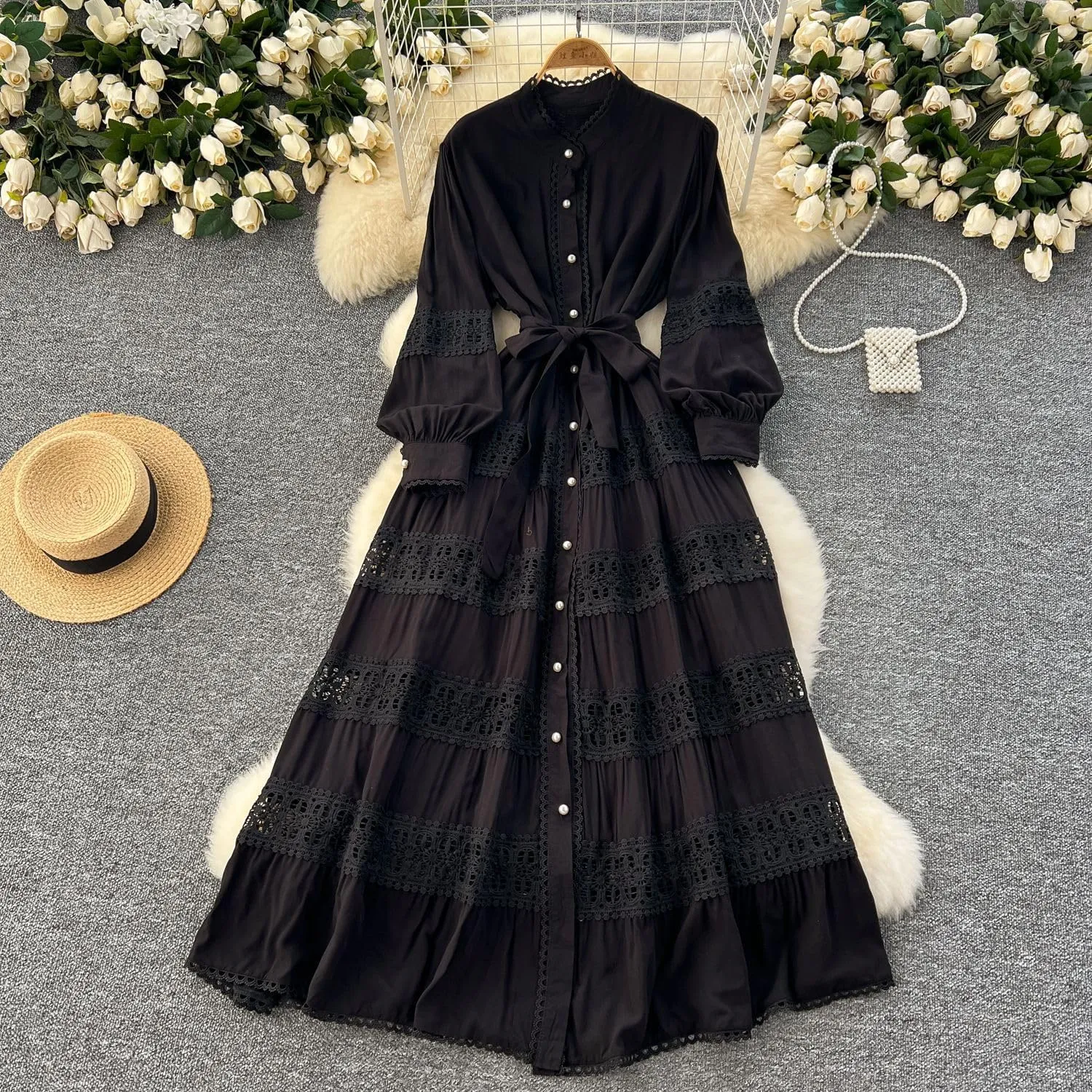 Elegant French Court Retro Dress for Women-Stand Collar Trumpet Sleeves Vintage Waisted Single-Breasted Lace Dress
