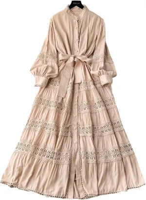 Elegant French Court Retro Dress for Women-Stand Collar Trumpet Sleeves Vintage Waisted Single-Breasted Lace Dress
