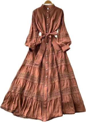 Elegant French Court Retro Dress for Women-Stand Collar Trumpet Sleeves Vintage Waisted Single-Breasted Lace Dress