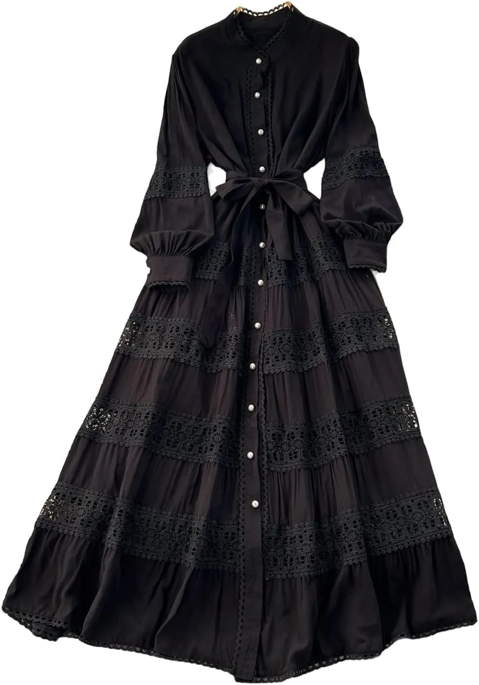 Elegant French Court Retro Dress for Women-Stand Collar Trumpet Sleeves Vintage Waisted Single-Breasted Lace Dress