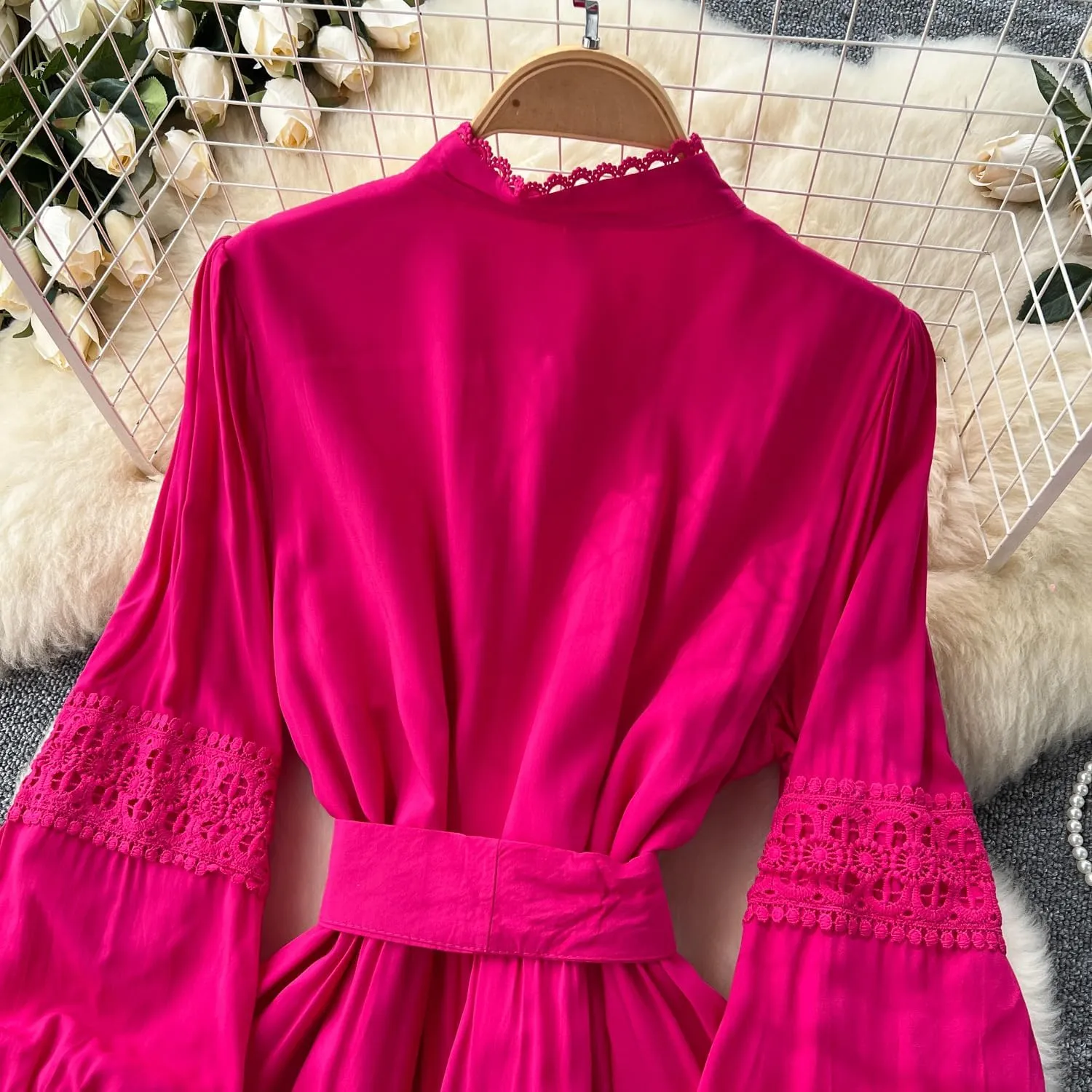 Elegant French Court Retro Dress for Women-Stand Collar Trumpet Sleeves Vintage Waisted Single-Breasted Lace Dress