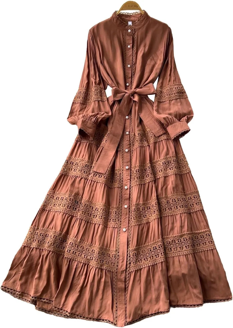 Elegant French Court Retro Dress for Women-Stand Collar Trumpet Sleeves Vintage Waisted Single-Breasted Lace Dress