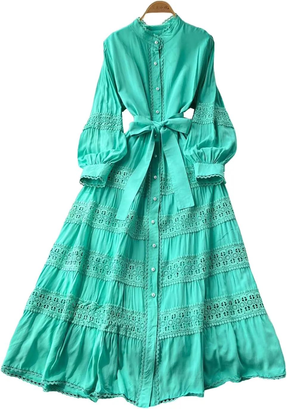 Elegant French Court Retro Dress for Women-Stand Collar Trumpet Sleeves Vintage Waisted Single-Breasted Lace Dress