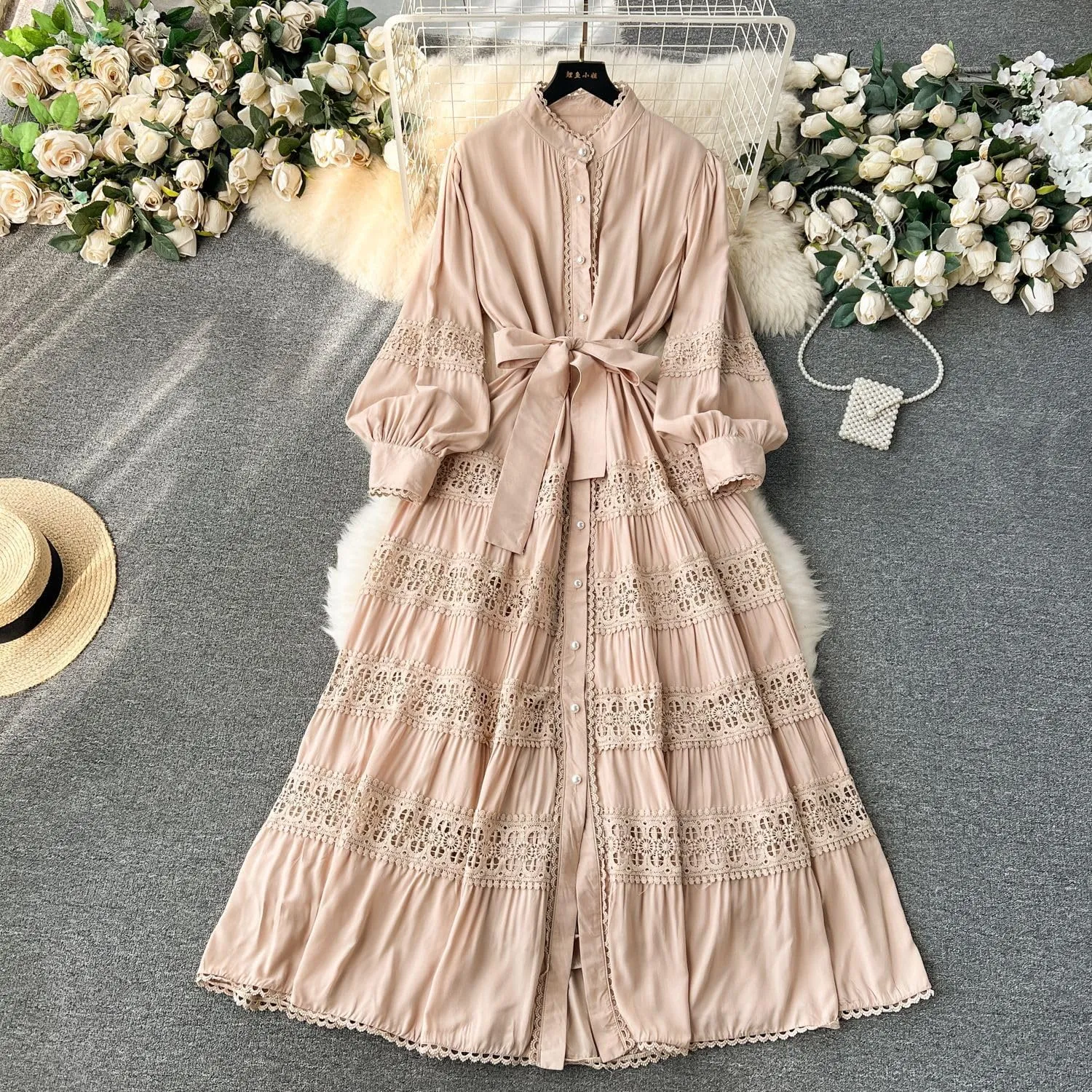 Elegant French Court Retro Dress for Women-Stand Collar Trumpet Sleeves Vintage Waisted Single-Breasted Lace Dress