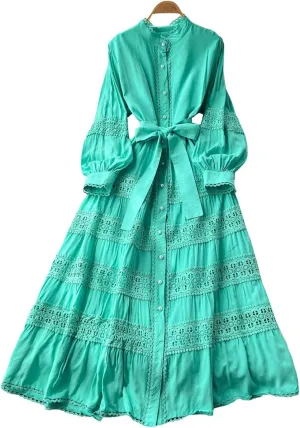 Elegant French Court Retro Dress for Women-Stand Collar Trumpet Sleeves Vintage Waisted Single-Breasted Lace Dress