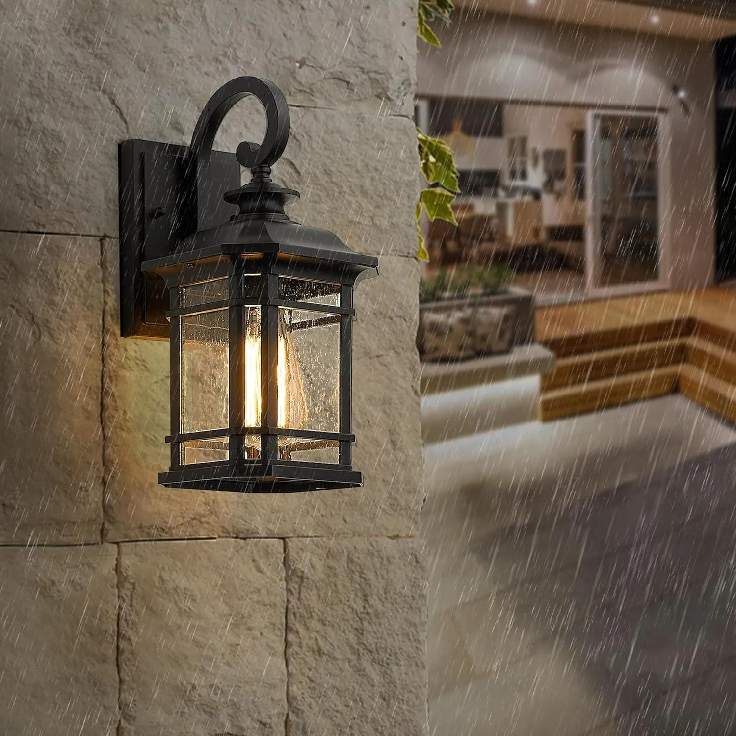 Emliviar Outdoor Wall Lantern Lights, 1-Light Exterior Wall Sconce Lamp, Black Finish with Clear Seeded Glass, 2084B BK