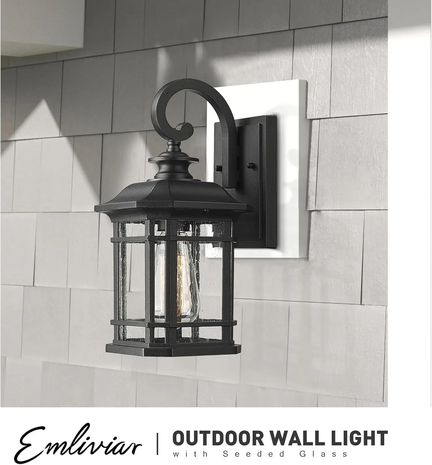 Emliviar Outdoor Wall Lantern Lights, 1-Light Exterior Wall Sconce Lamp, Black Finish with Clear Seeded Glass, 2084B BK