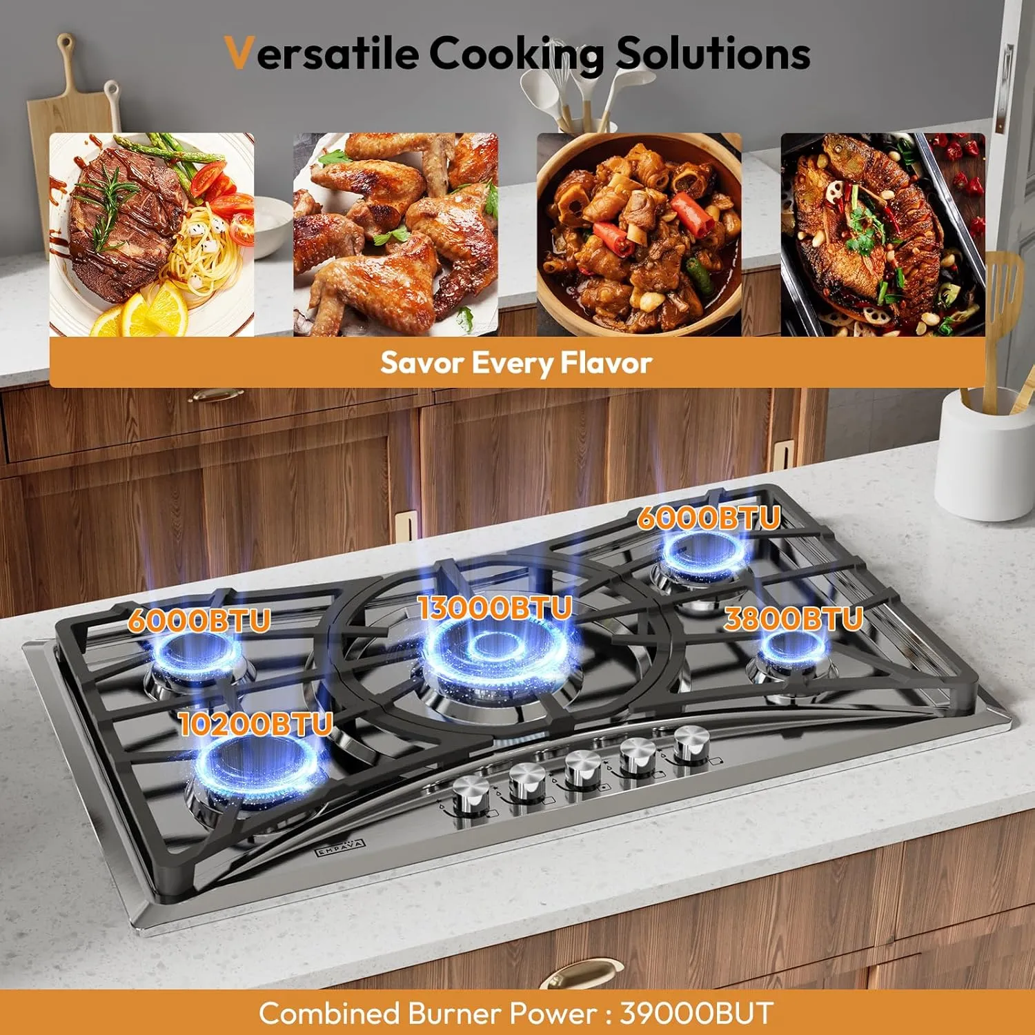 Empava 36 in. Gas Stove Cooktop with 5 Italy Sabaf Sealed Burners NG/LPG Convertible in Stainless Steel, 36 Inch