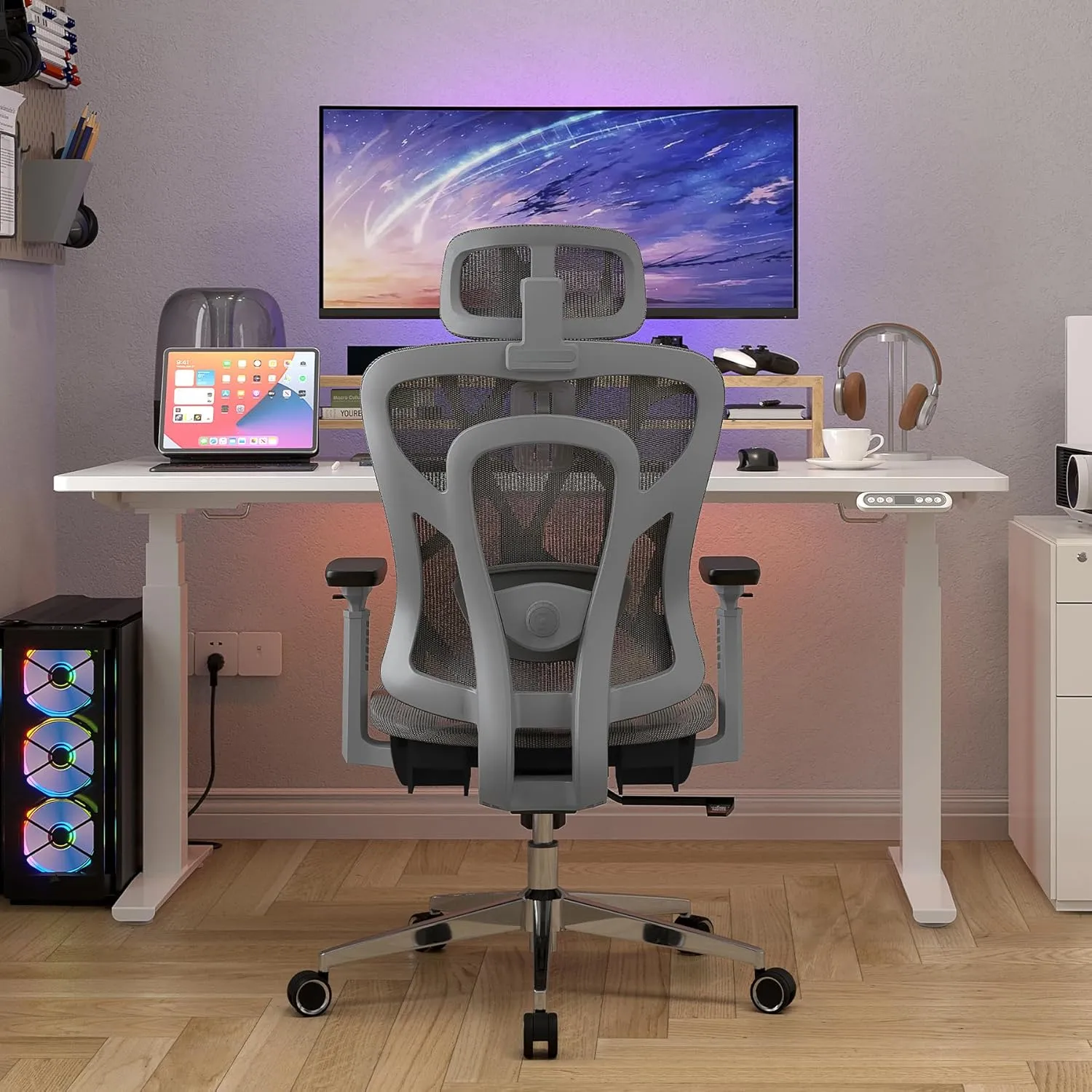 Ergonomic Mesh Office Chair, High Back Desk Chair with 3D Armrests, Adaptive Thoracic Support, 3D Lumbar Support & Adjustable Headrest, Home Swivel Computer Chair with Tilt Function