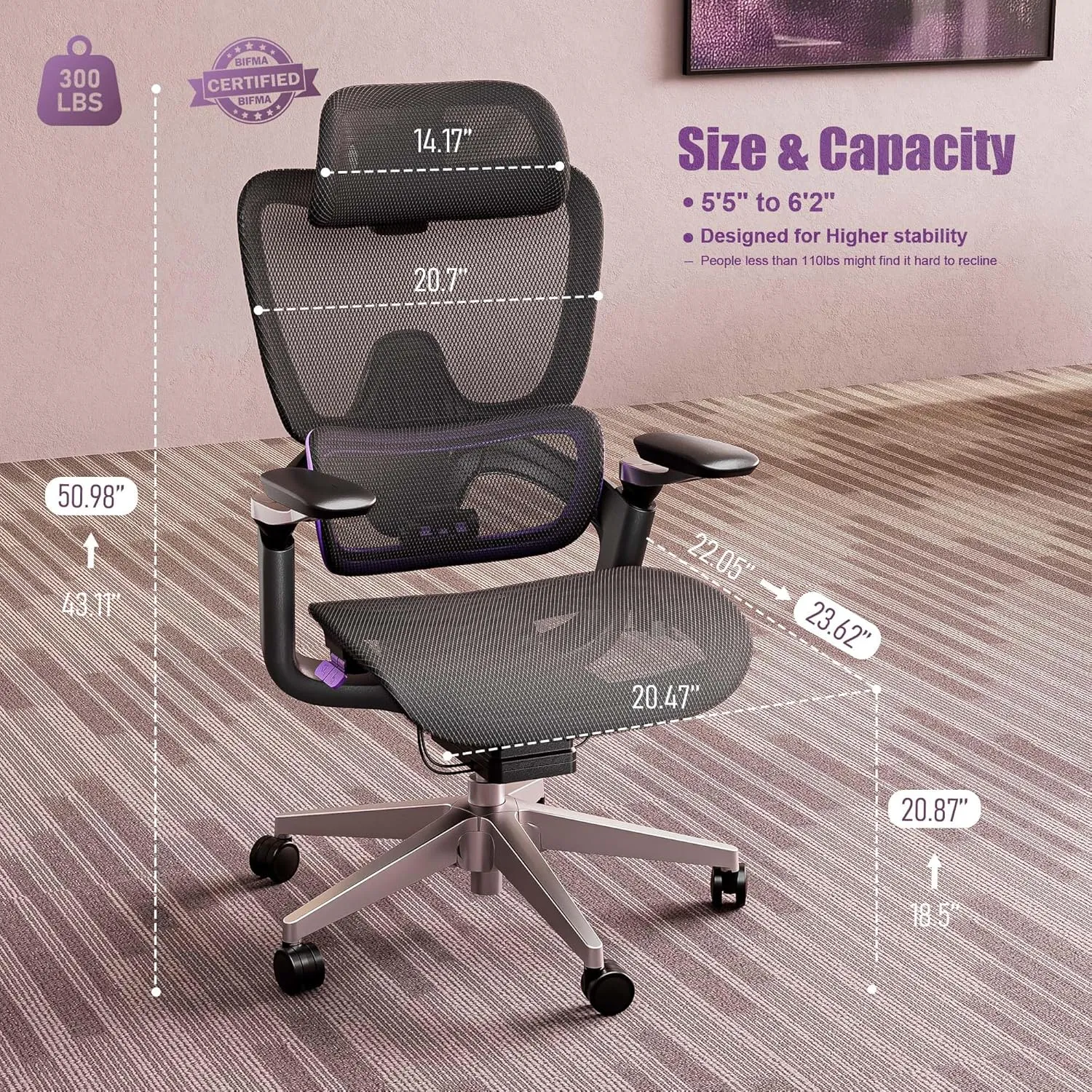 Ergonomic Office Chair, Big and Tall Mesh Computer Gaming Chair with Adaptive Lumbar Support, Work Chair with Headrest, 5D Armrest,90-130°Tilt, BIFMA Certified, Model Zen (Purple)