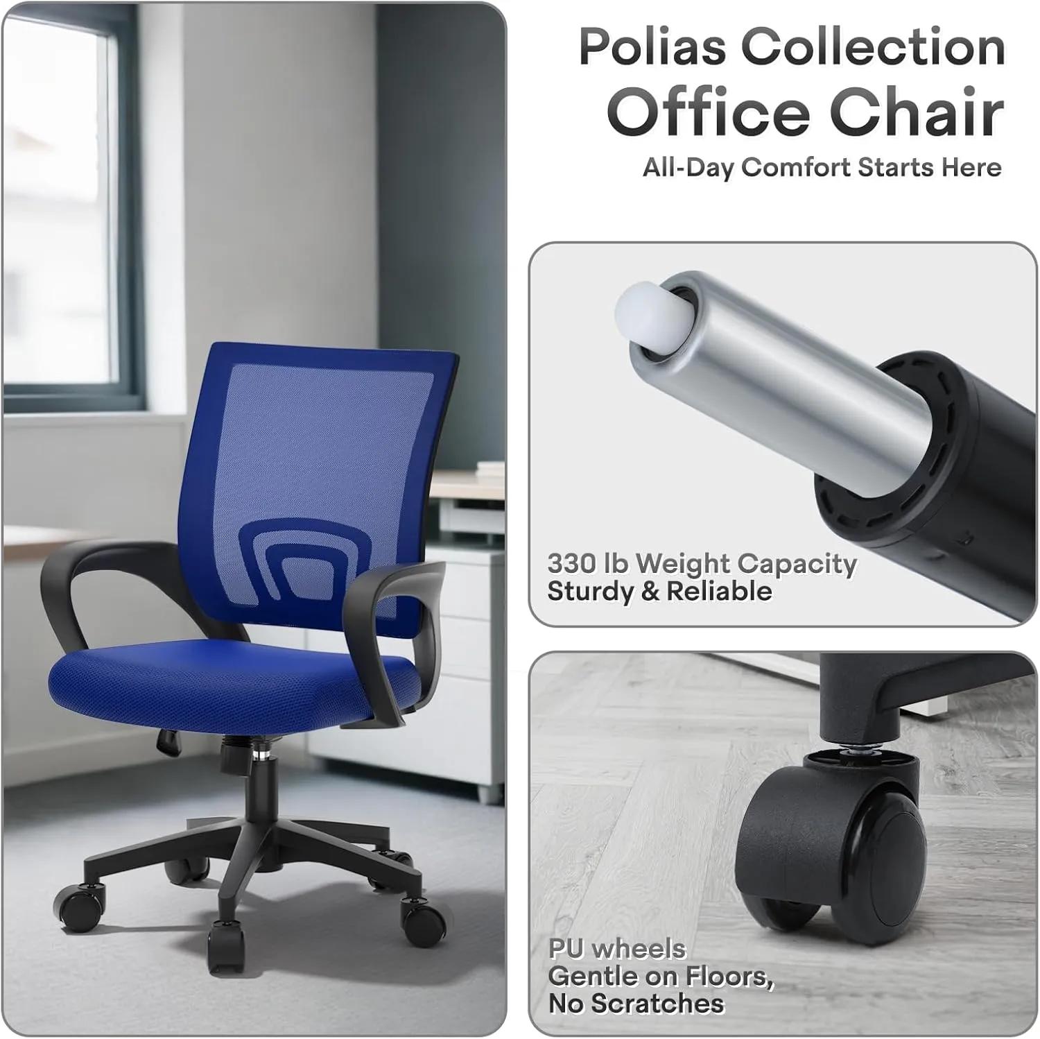 Ergonomic Office Chair - Heavy Duty 330Lbs, Breathable Mesh Computer Desk Chair with Lumbar Support & Armrest, Rolling Swivel Adjustable Tilt Lock for Home Office/Gaming, Bedroom Study