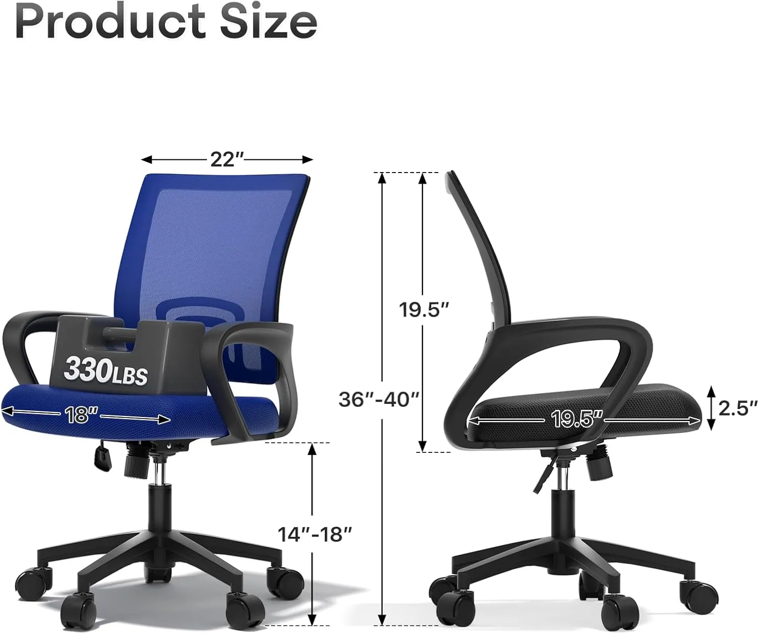 Ergonomic Office Chair - Heavy Duty 330Lbs, Breathable Mesh Computer Desk Chair with Lumbar Support & Armrest, Rolling Swivel Adjustable Tilt Lock for Home Office/Gaming, Bedroom Study