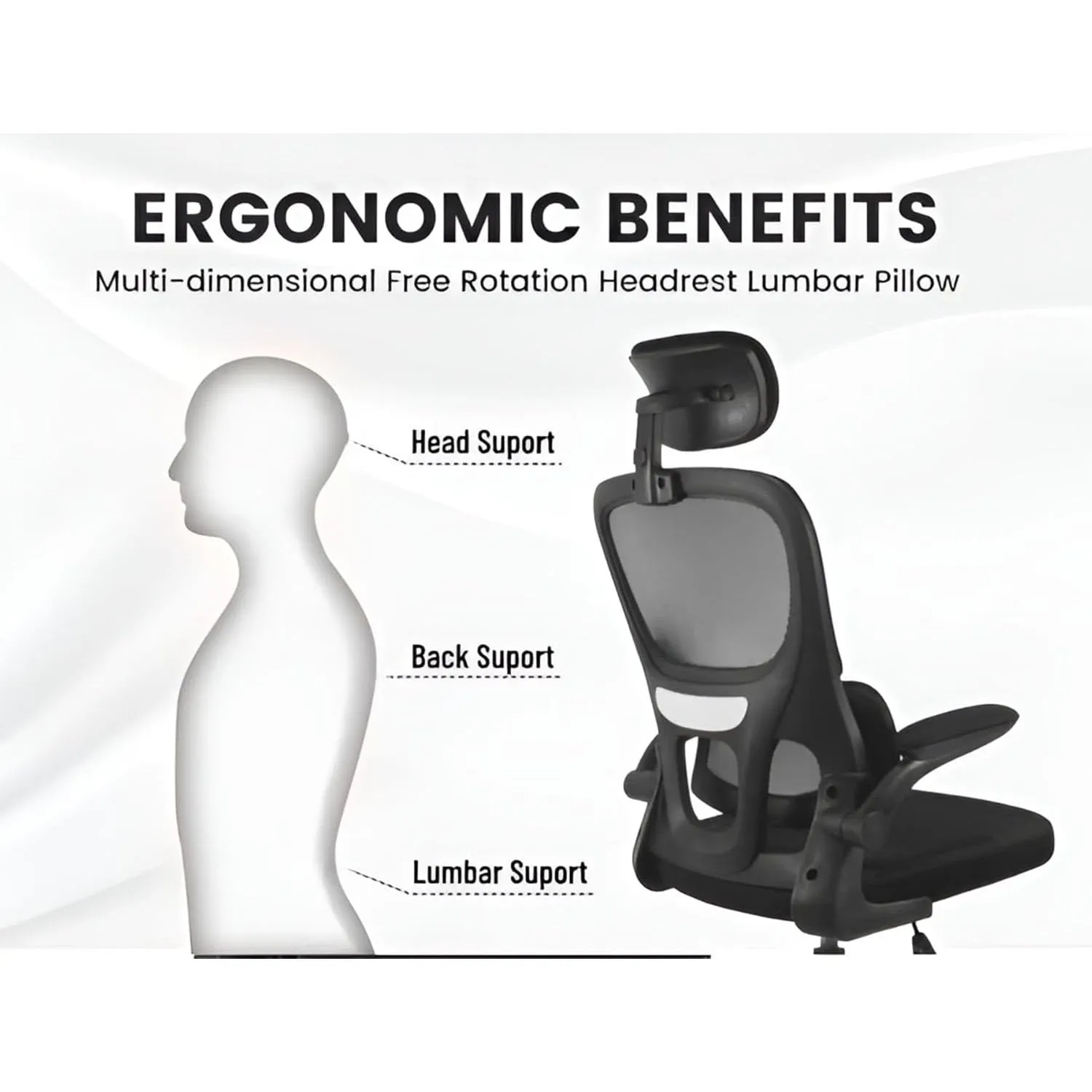 Ergonomic Office Chair, High Back Computer Chair with Dual Back Design, Adjustable Headrest, Lumbar Pillow, Armrests, and Comfortable Thick Cushion – Black Color