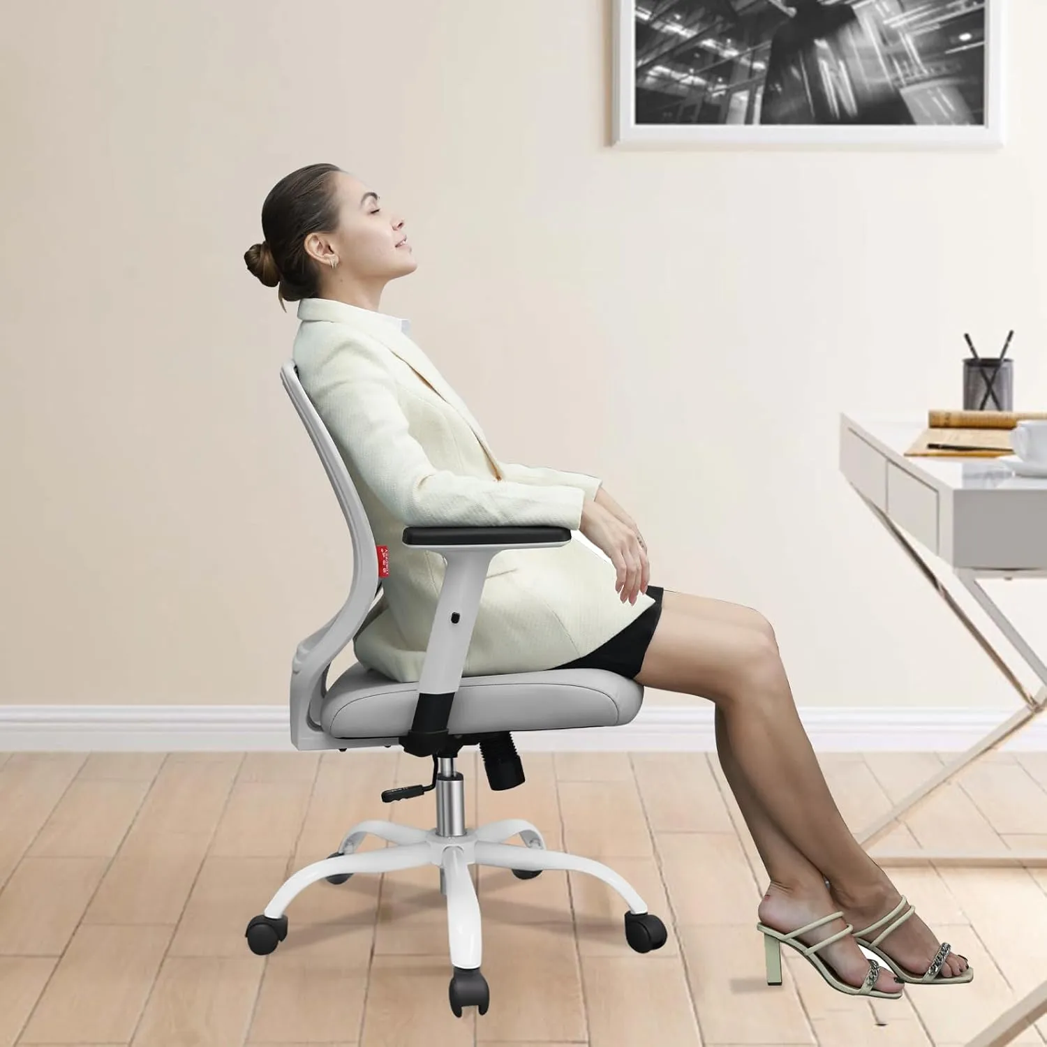Ergonomic Office Chair Home Mesh Desk Chair with Adjustable Arms - Mid Back Computer Chairs for Adults - Swivel Task Chair Comfortable for Home Office (White &Grey)