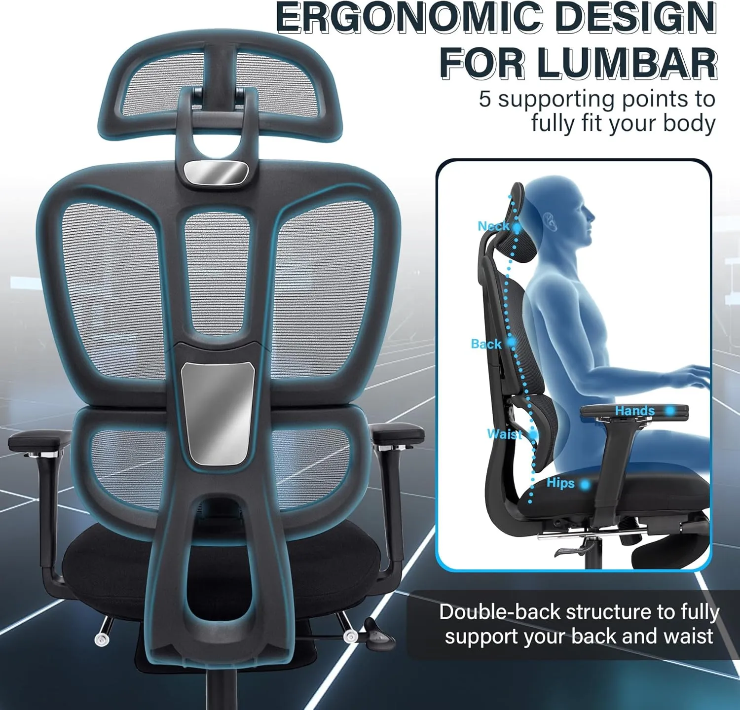 Ergonomic Office Chair with Foot Rest, High Back Computer Office Chair with Dynamic Lumbar Support, 2D Headrest, 4D Armrest, Sponge Seat, Mesh Home Office Desk Chair for Adults, Black