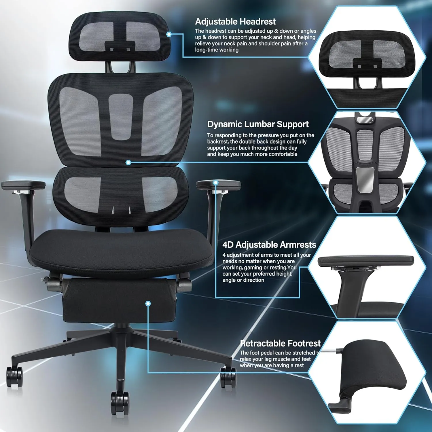 Ergonomic Office Chair with Foot Rest, High Back Computer Office Chair with Dynamic Lumbar Support, 2D Headrest, 4D Armrest, Sponge Seat, Mesh Home Office Desk Chair for Adults, Black